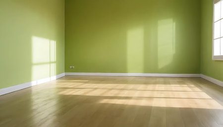 Empty room with green walls and wooden floor, view from the windowの写真素材