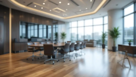 Blurred background of modern meeting room with wooden floor, panoramic windows and city view