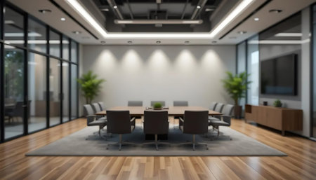 Interior of modern meeting room 3D rendering mock up blurred background
