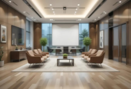 Blurred interior of a modern office lobby. 3d rendering.