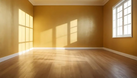 Empty room with yellow wall and wooden floor. 3D rendering.の写真素材