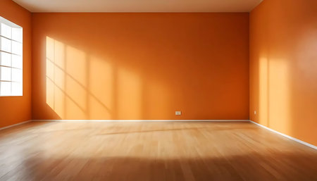 Empty room with orange wall and wooden floor. 3d rendering.の写真素材