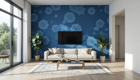 Modern bright interiors 3D rendering illustration. Living room with tv
