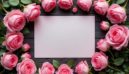 Pink roses on wooden background. Flat lay, top view, copy spaceの写真素材