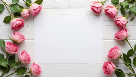 Pink roses on white wooden background. Top view with copy space.の写真素材