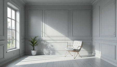 White living room with armchair and window. 3D rendering.