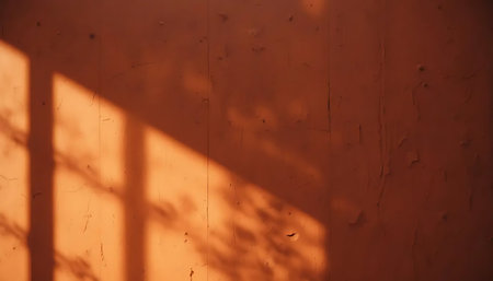 Orange wall with shadow from the window. Abstract background. Copy space.の写真素材