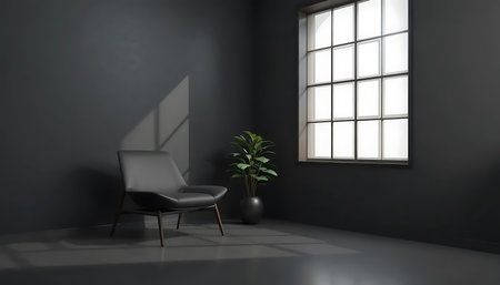 modern black living room with armchair and window - 3d renderingの写真素材