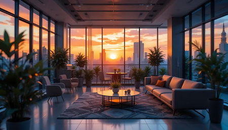 3d render interior of living room in modern house with beautiful sunsetの写真素材