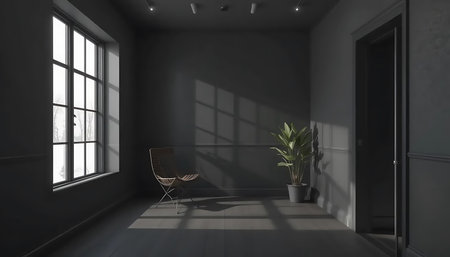 3D rendering of a dark room with a chair and a plantの写真素材