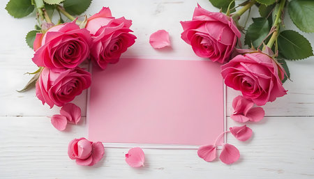 Pink roses and blank card on white wooden background. Top view with copy spaceの写真素材