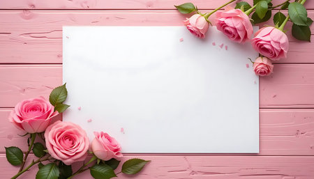 pink roses and white paper on pink wooden background with copy spaceの写真素材