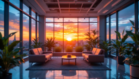 Modern living room interior with panoramic window overlooking the sunset.の写真素材