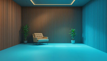 Interior of modern living room with blue walls, wooden floor and armchair. 3d renderingの写真素材