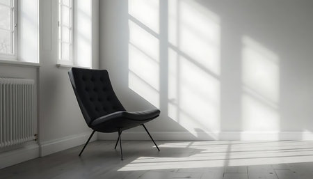 Black leather armchair in white room with window, 3d renderの写真素材