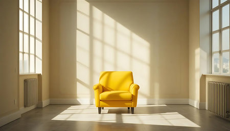 yellow armchair in the room with window and sunlight. 3d renderingの写真素材