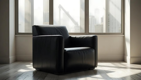 Black leather armchair in modern bright living room with panoramic windowの写真素材