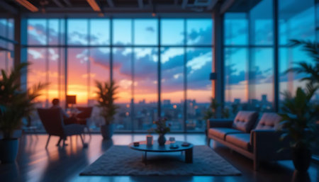 Modern living room interior with large window overlooking the city. Blurred background.の写真素材