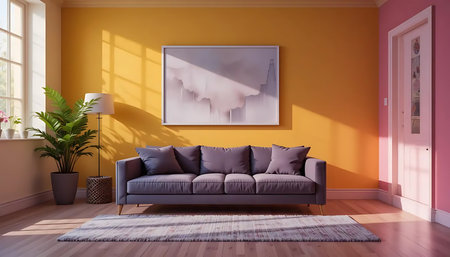interior with brown sofa. 3d illustration ,renderingの写真素材
