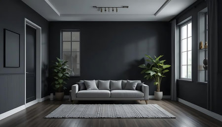 Interior of modern living room with black walls, wooden floor and sofa 3d renderingの写真素材