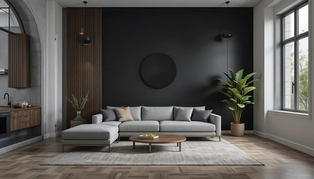 Interior of modern living room with grey sofa and coffee table - renderingの写真素材