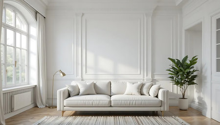 interior with white sofa, 3d render illustration mock up designの写真素材