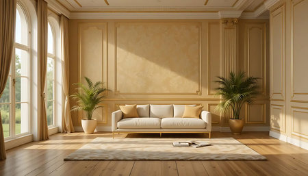 Interior of modern living room with yellow walls, wooden floor, beige sofa with pillows and plants. 3d renderingの写真素材
