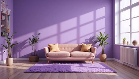 interior with sofa. 3d illustration render on purple wall backgroundの写真素材