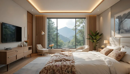 3d rendering luxury bedroom suite in hotel with tv and mountain viewの写真素材
