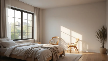 interior of a modern bedroom with a wooden bed and a chairの写真素材