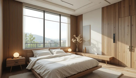 Interior of modern bedroom with wooden walls, concrete floor, comfortable king size bed with white linens and two vertical mock up posters. 3d renderingの写真素材