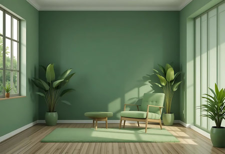 green living room with armchair and plant - 3D Renderingの写真素材