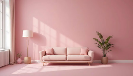 Pink living room with pink sofa, lamp and plant - 3d renderingの写真素材