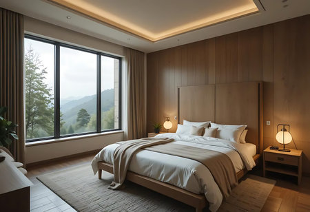 Interior of a hotel bedroom with a wooden bed and a view of the mountainsの写真素材