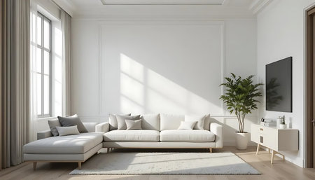 interior of modern bright living room with white sofa 3D renderingの写真素材