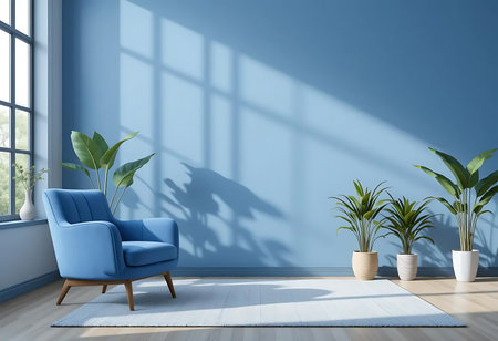 Interior of living room with blue walls, wooden floor, blue armchair and plants. 3d renderingの写真素材