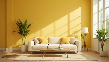 Interior of modern living room with yellow walls, yellow sofa and coffee table. 3d renderの写真素材