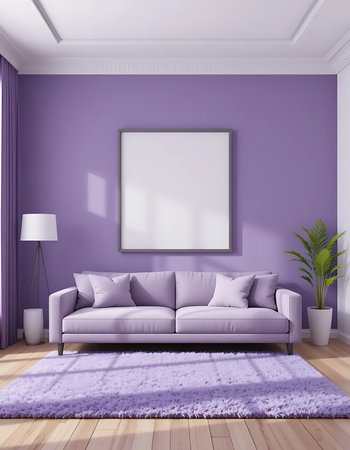 Interior of living room with purple walls, wooden floor, purple sofa and mock up poster. 3d renderingの写真素材