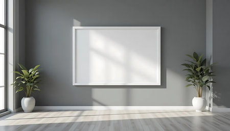 Modern bright interiors apartment with mockup poster frame 3D rendering illustrationの写真素材