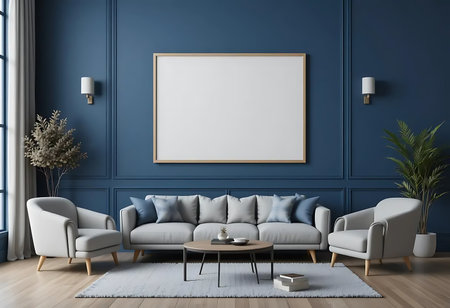 Living room interior with blue walls, wooden floor, comfortable sofa with white armchairs and coffee table. Vertical mock up poster frame. 3d renderingの写真素材