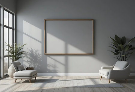 Interior of modern living room with white walls, wooden floor, comfortable white armchairs standing near window and vertical mock up poster frame. 3d renderingの写真素材