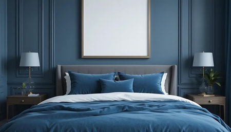 Blue bedroom interior with blank poster. Mock up, 3D Renderingの写真素材