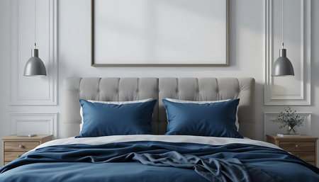 Double bed with blue linen in modern bedroom interior, 3d renderの写真素材