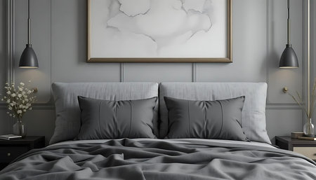 Modern bedroom interior with grey linens, 3d render illustration mock upの写真素材