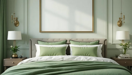Luxury bedroom interior with green bedding and pillows. Mock up poster frame. 3d renderの写真素材