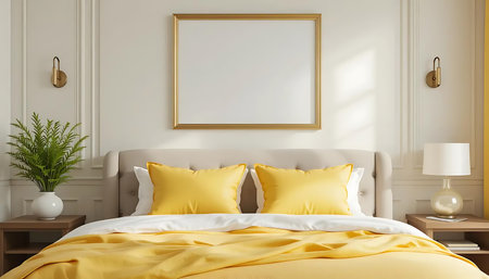 Interior of modern bedroom with yellow bed and mock up poster. 3d renderの写真素材