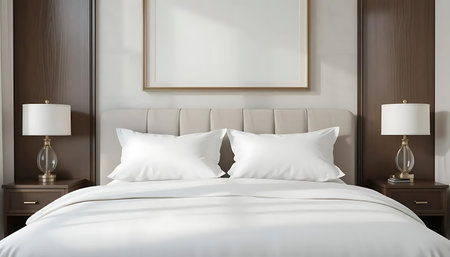 Double bed with white pillows in modern bedroom. 3d renderの写真素材
