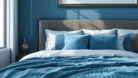 Blue bedroom interior with a blue wall, a blue bed and a blue pillows. 3d rendering mock upの写真素材