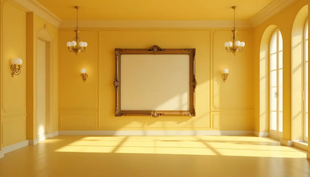 Interior of a classic yellow room with frames on the wall.の写真素材