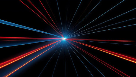 abstract red and blue rays of light on a black background.の写真素材